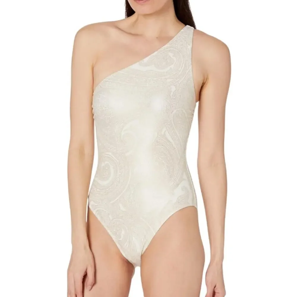 Lauren Ralph Lauren Gold Paisley One-Shoulder Swimsuit, Size 6, NWT